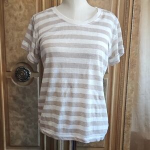 Theory Short-Sleeve Striped Linen Tee in Ivory and Beige NWT Petite Size Small